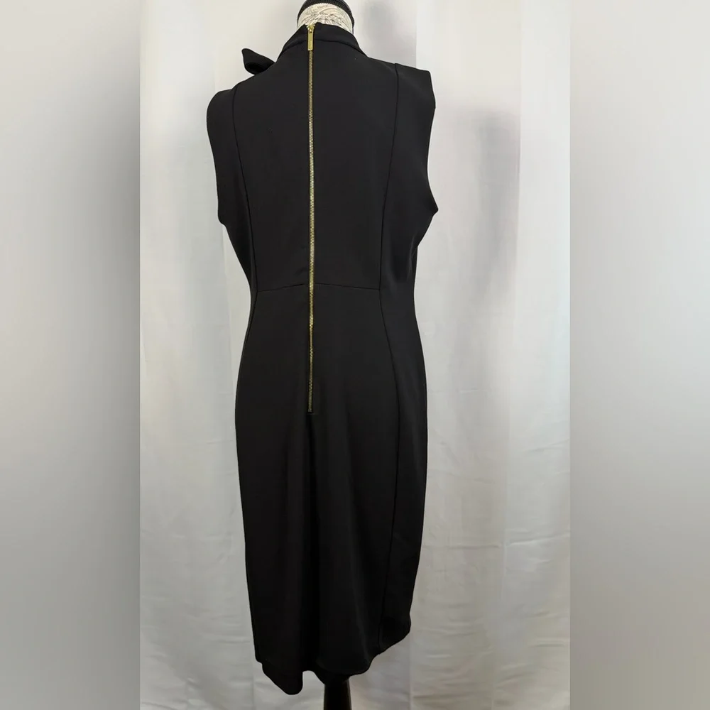 Calvin Klein Black Midi Dress with Bow Tie at Neckline Backside Zip Up Size 12 - Picture 6 of 15